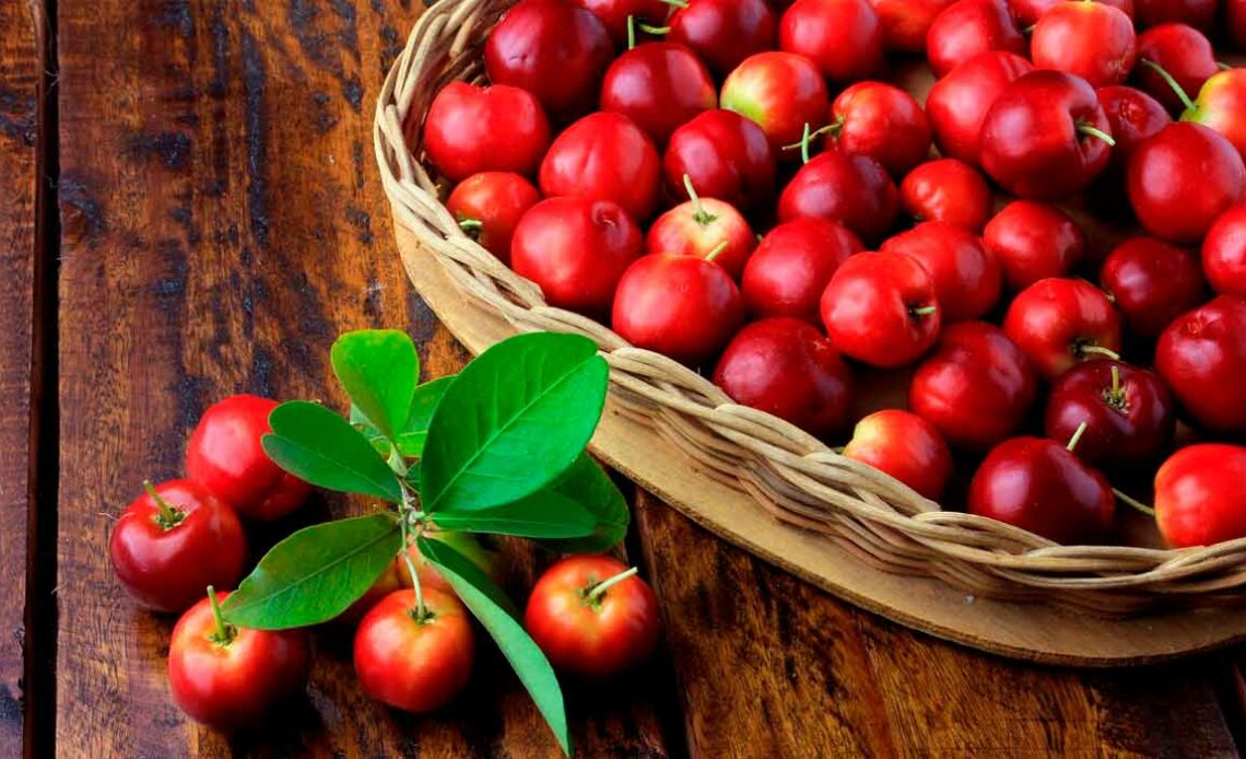 Acerolas na cesta sobre a mesa com alguns frutos fora da cesta