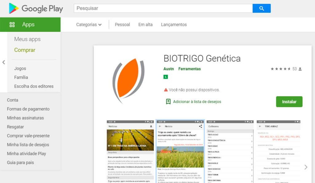 Interface do aplicativo Biotrigo Genética