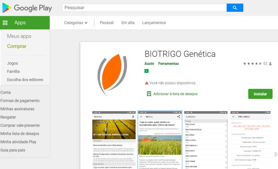 Interface do aplicativo Biotrigo Genética