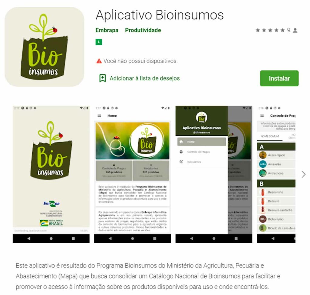 Interface do aplicativo Bioinsumos