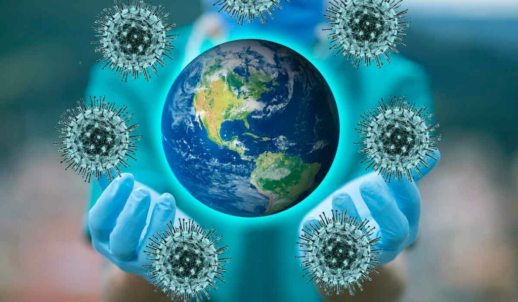 Combate ao covid-19 com o planeta Terra apoiado pelas mãos de um profissionla de saúde cicundado pelos coronavírus