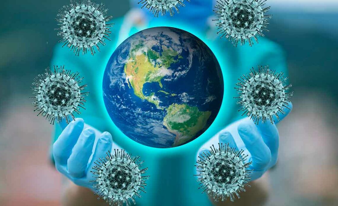Combate ao covid-19 com o planeta Terra apoiado pelas mãos de um profissionla de saúde cicundado pelos coronavírus