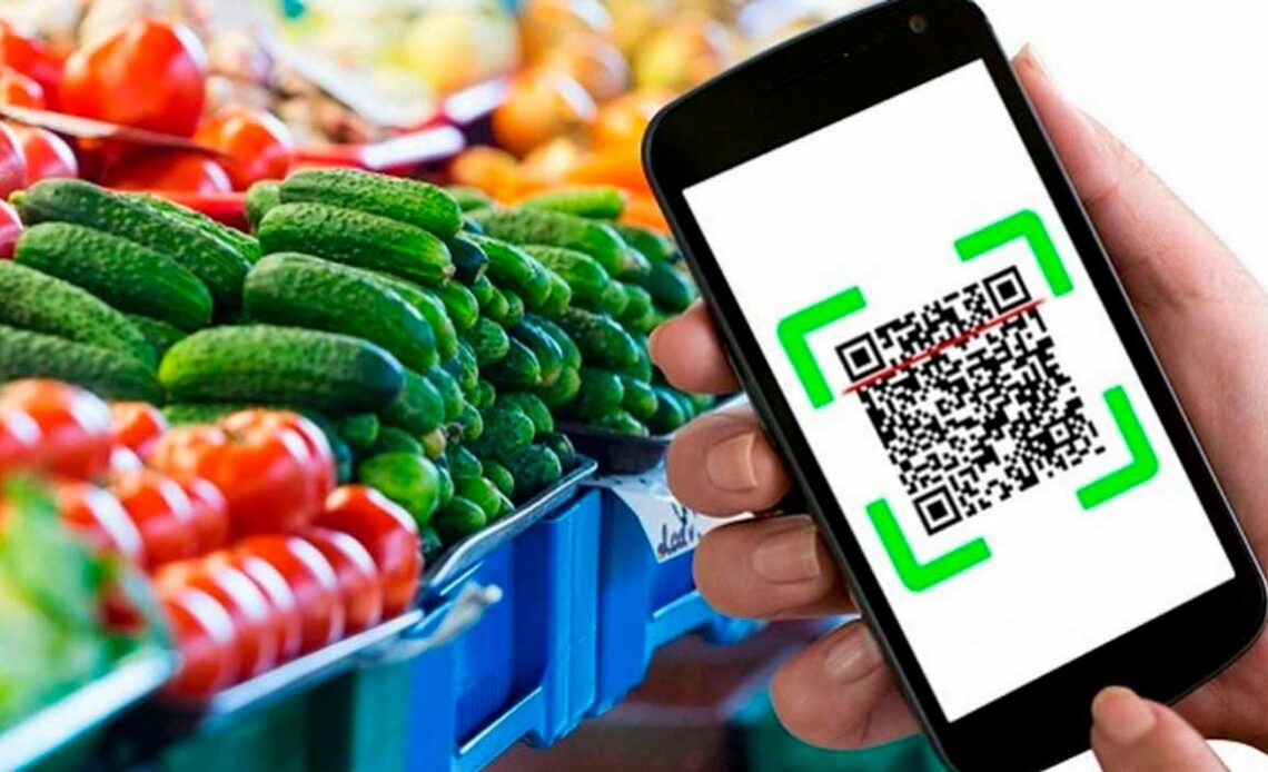 Consumidor com celular na mão verificando QR Code de hortifrutis no supermercado
