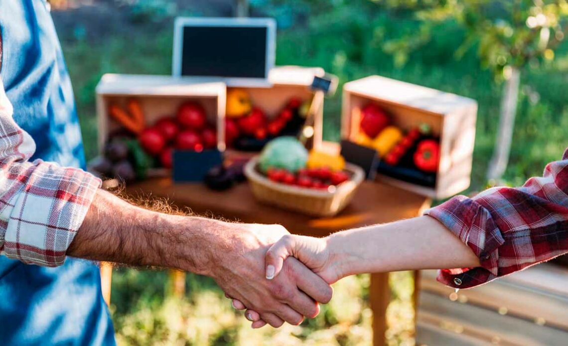 Agricultores concretizando um negócio com aperto de mãos e produtos agrícolas ao fundo