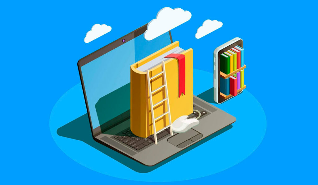 Ilustração com laptop representando um livro