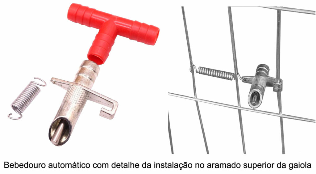 Bebedouro automático com detalhe da instalação no aramado da gaiola