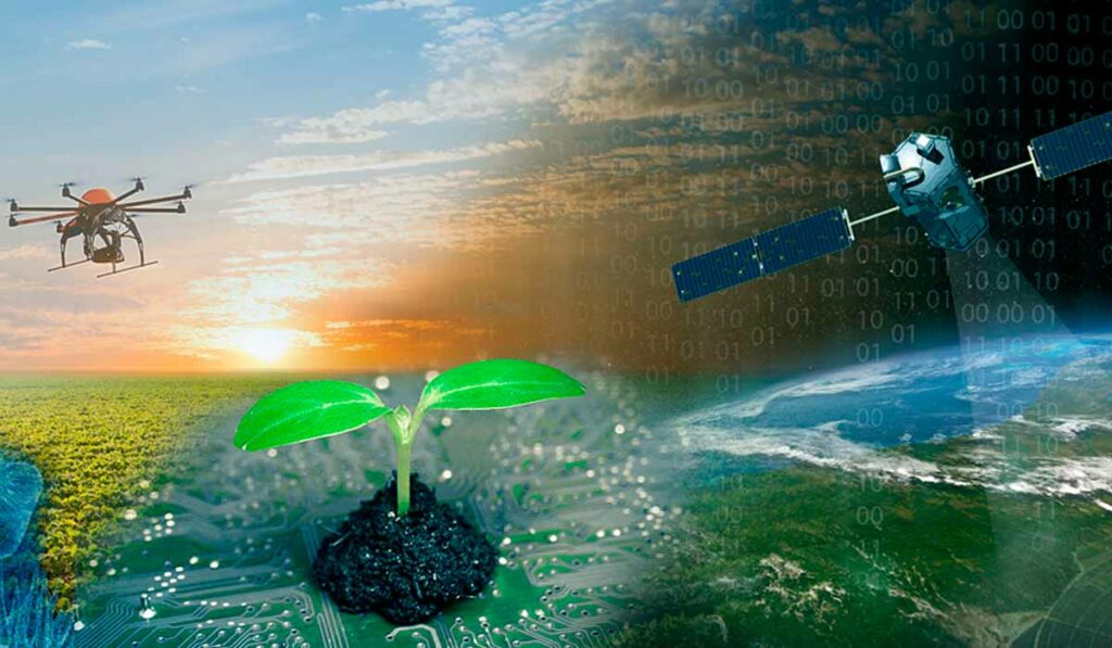 Imagem do Fórum Agricultura e Meio Ambiente 2020 - Drone, satélite, vírus, planeta Terra e uma muda