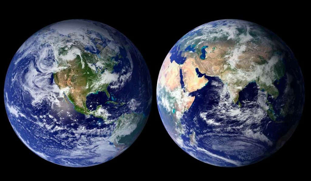 Planeta Terra - Imagem dupla mostrando a parte oriental e a ocidental