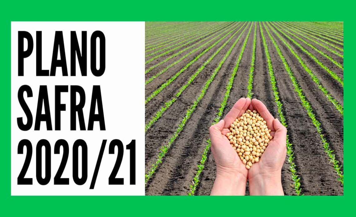 Plano Safra 2020/2021 - Grãos de soja nas mãos do agricultor e lavoura ao fundo