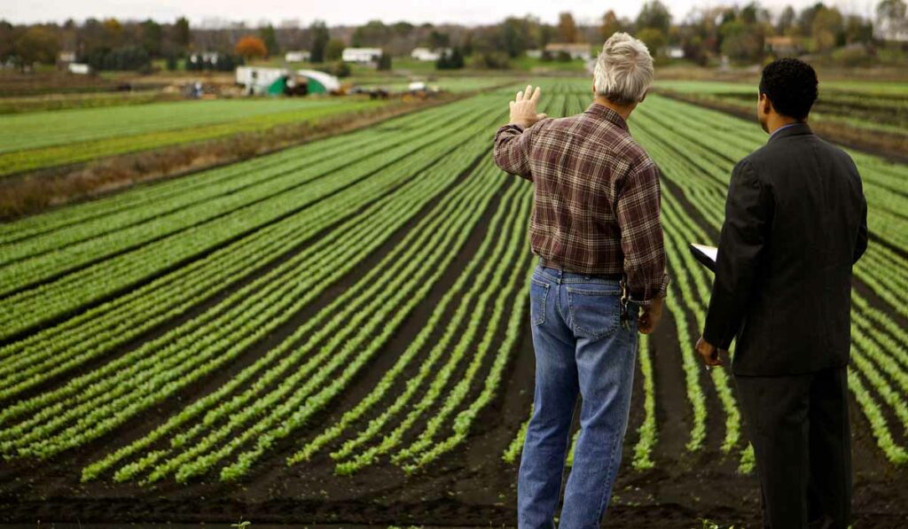 Agricultor recebendo o agente de seguro rural na propriedade