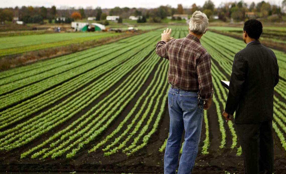 Agricultor recebendo o agente de seguro rural na propriedade