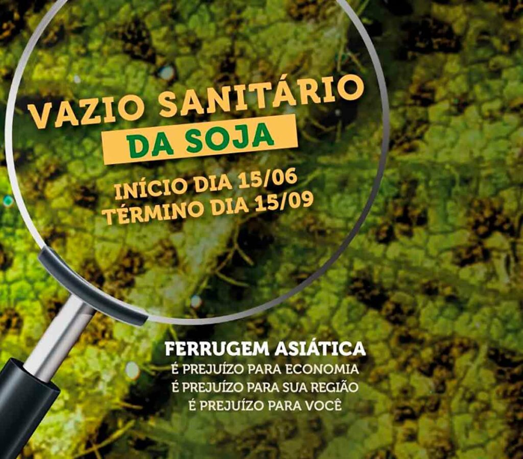 Campanha do vazio sanitário da soja 2020 - lupa sobre a folha de soja com ferrugem asiática