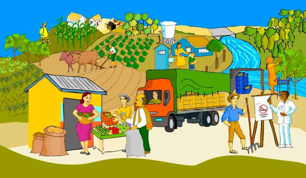 Ilustração de cenas na propriedade rural sobre as boas práticas agropecuárias