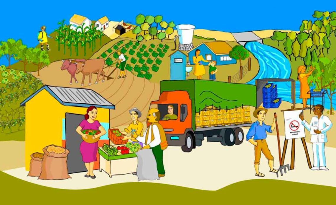 Ilustração de cenas na propriedade rural sobre as boas práticas agropecuárias