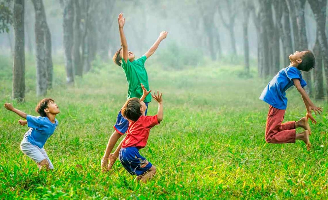 Meninos brincando numa área de bosque