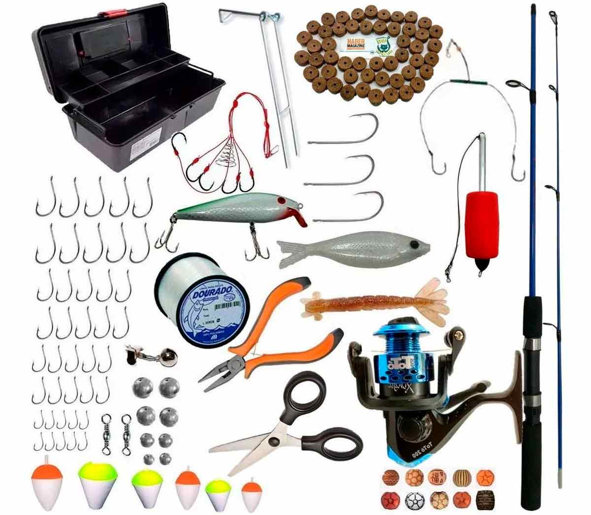 Vários equipamentos para pesca esportiva - vara, molinete, linha, anzóis, chumbadas, bóias, etc.
