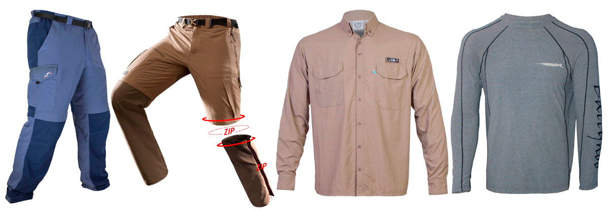 Calça, calça-bermuda, camisa e camisa de malha com proteção anti UV para pesca