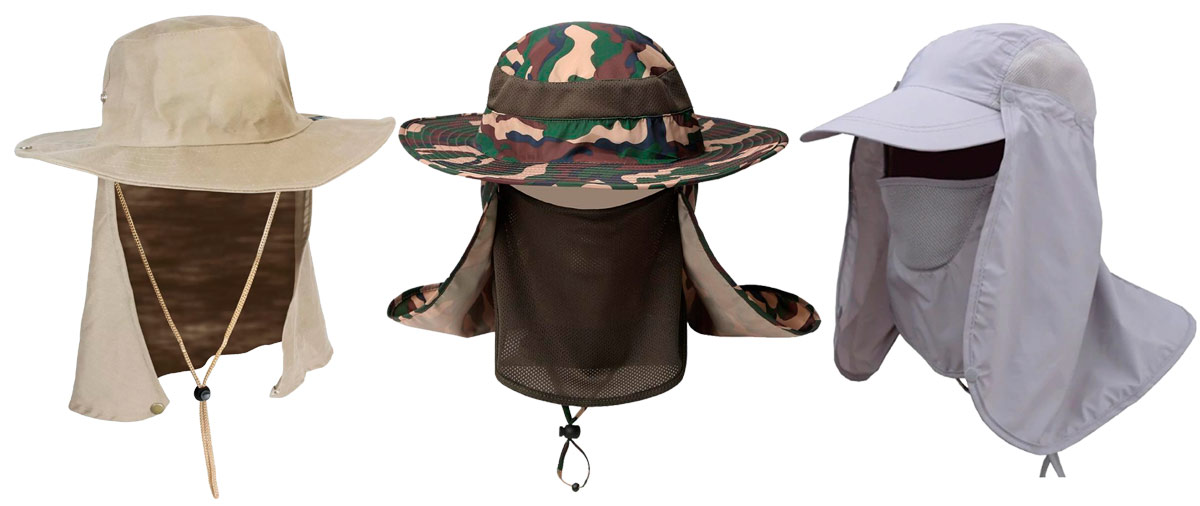 Chapéu com proteção de nuca, chapéu com proteção de nuca e tela mosquiteira e boné com proteção total, todos com proteção anti UV para pesca