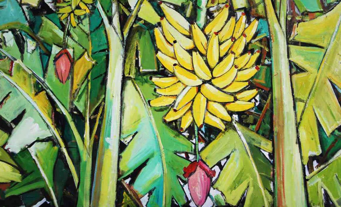 Pintura de um bananal com destaque para um cacho de bananas ao pé