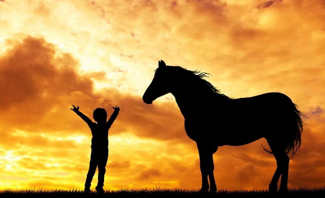 Criança com cavalo e por do sol ao fundo
