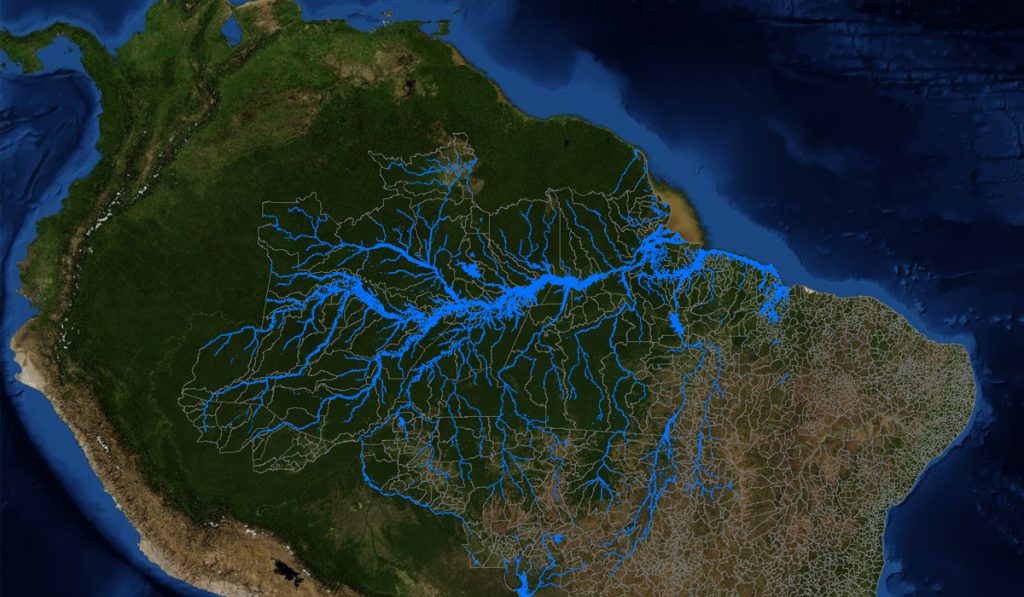 Foto satélite da Região Amazônica co destaque para o Rio Amazonas