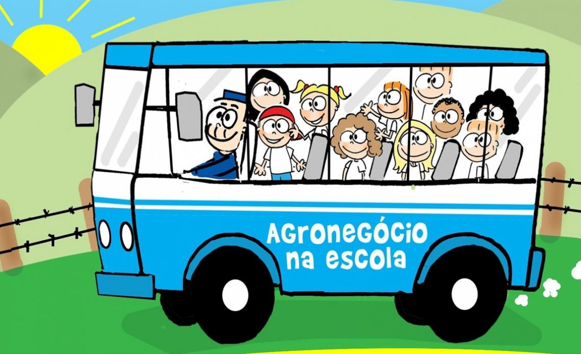 Ilustração do Programa Agronegócio na Escola ABAG/PR - Ônibus escolar com estudantes num dia ensolarado