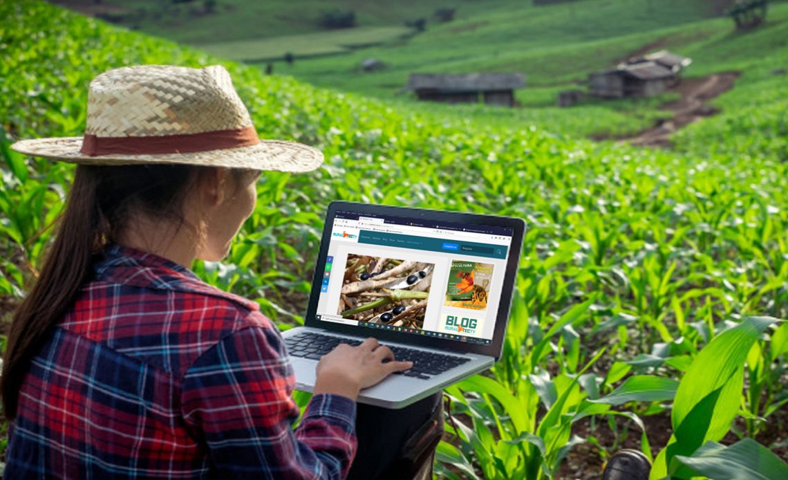 Produtora rural acessando a internet com laptop na página da RuraltecTV