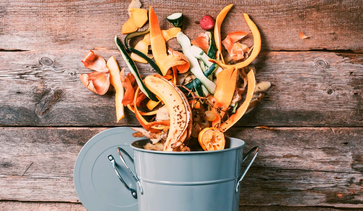 Lata de lixo recebendo resíduos orgânicos para compostagem