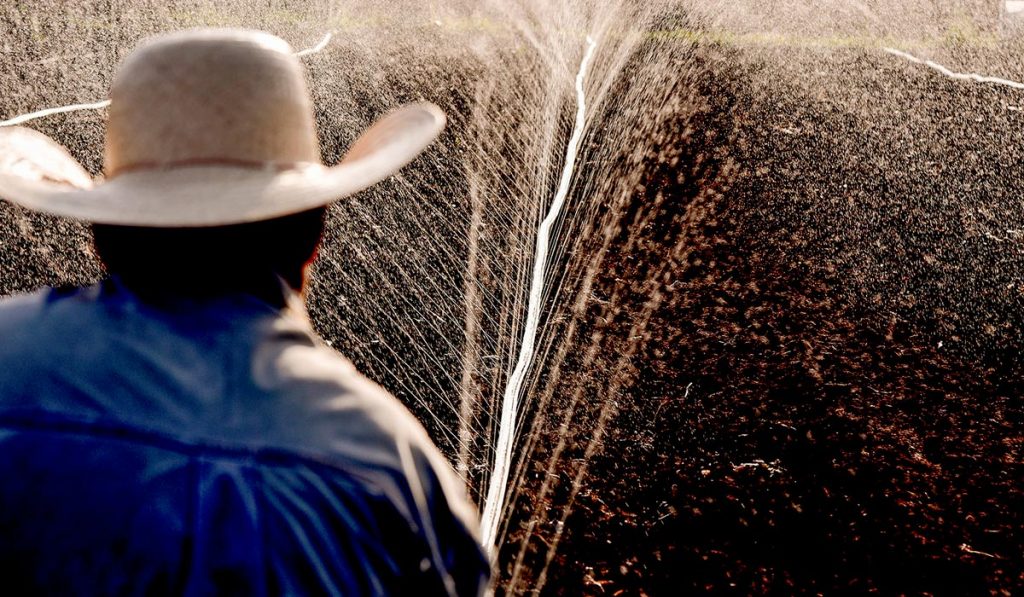 Produtor rural manejando seu equipamento de irrigação