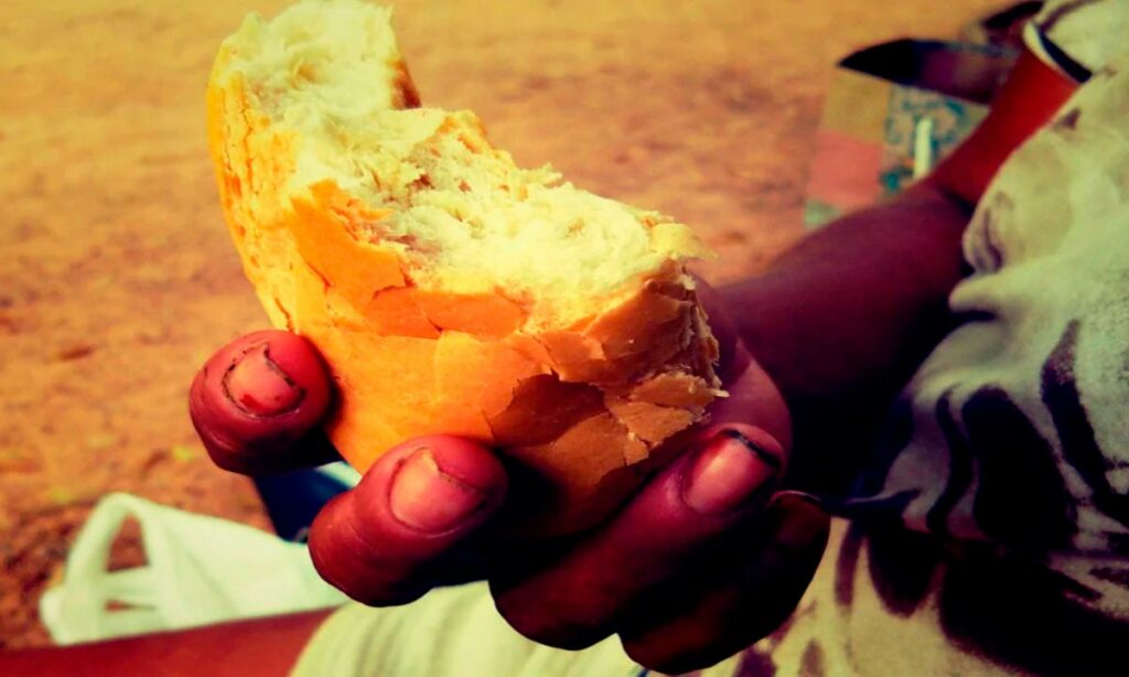 Pessoa com um pedaço de pão na mão