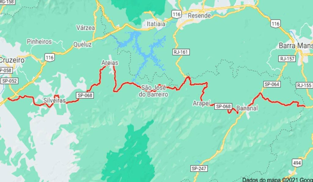 Mapa com a Rodovia dos Tropeiros em destaque