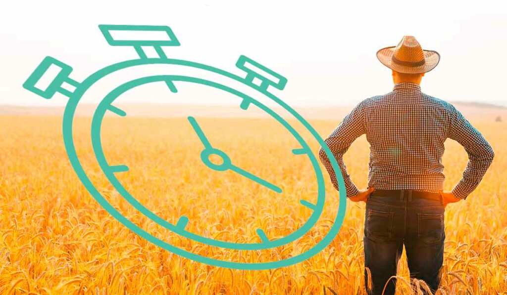 Agricultor na sua lavoura olhando para o infinito e um grande cronômetro contando o tempo