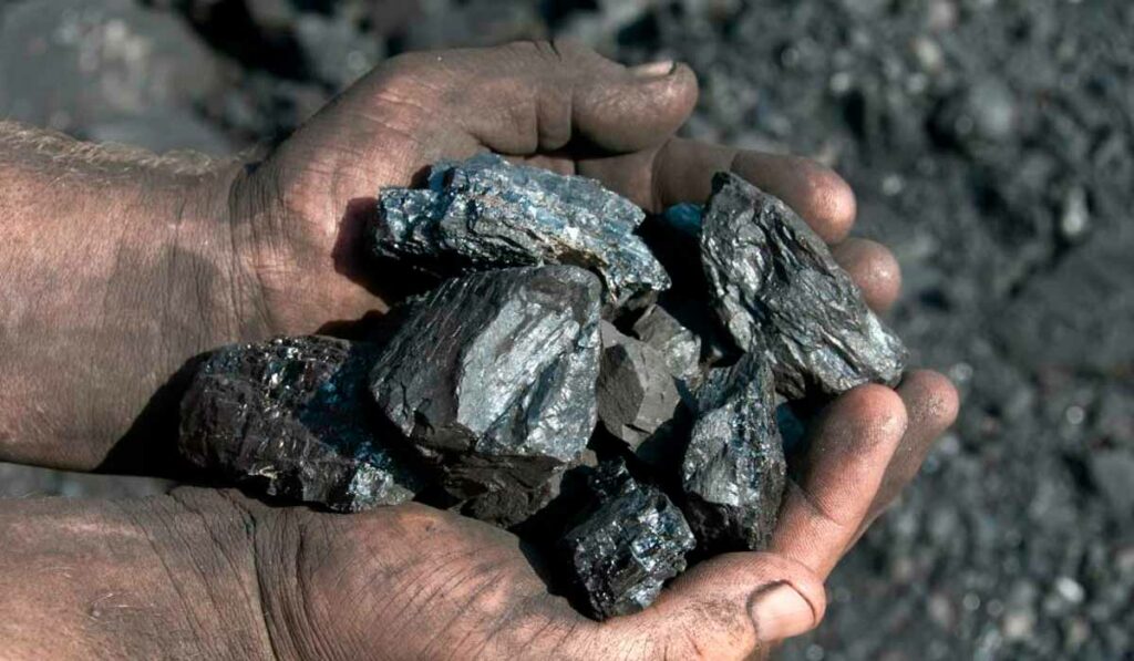 Homem com um punhado de carvão mineral nas mãos