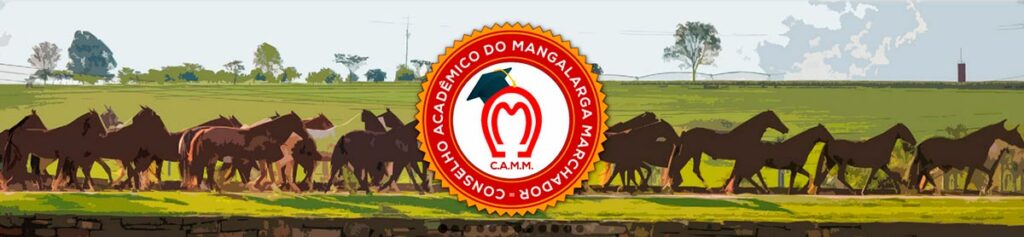 Manada mangalarga marchador com logo da associação ao centro em primeiro plano