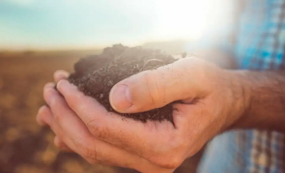 Agricultor com um punhado de solo nas mãos e sol ao fundo