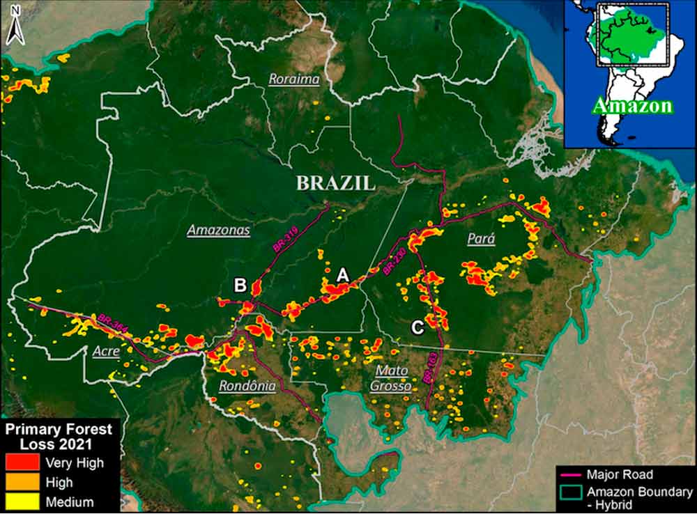 Hotspots de desmatamento na Amazônia brasileira (até 18 de setembro) - Dados: Universidade de Maryland (GLAD), Associação de Conservação da Amazônia/MAAP - Imagem: MAAP