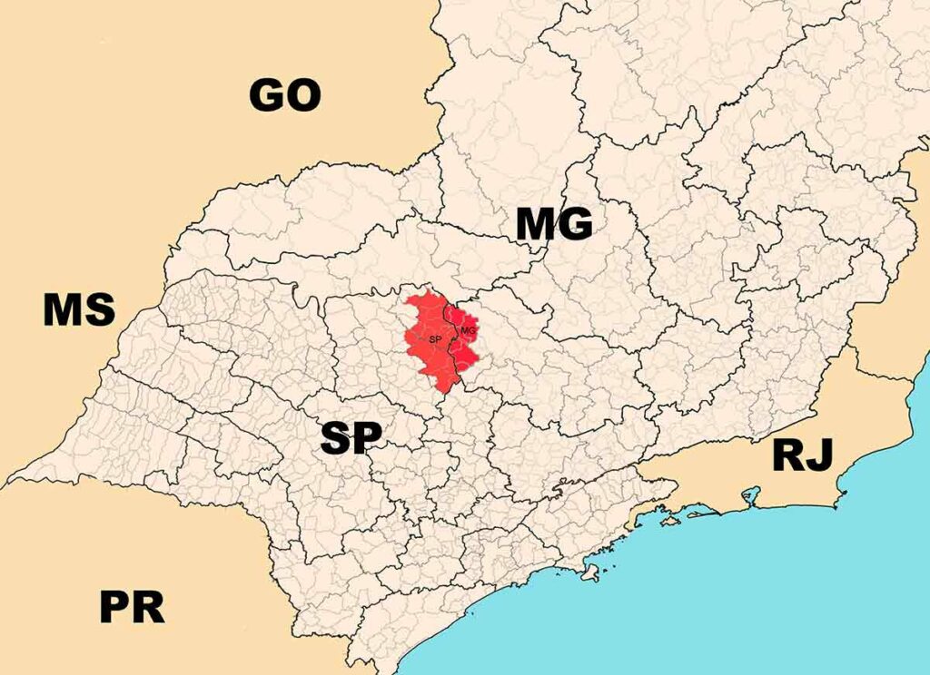 Mapa destacando a Região da Alta Mogiana com os municípios de MG e de SP