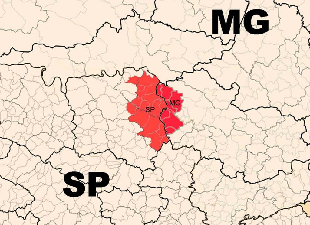 Mapa com aproximação, destacando a Região da Alta Mogiana com os municípios de MG e de SP
