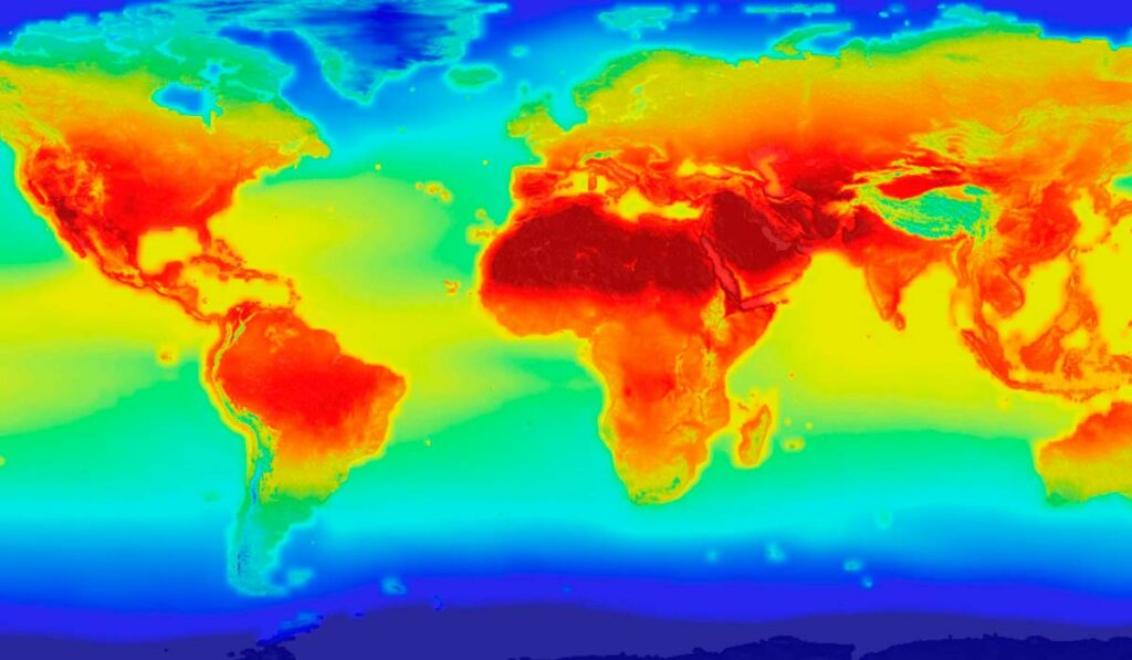 Mapa mundi ilustrando o aquecimento global