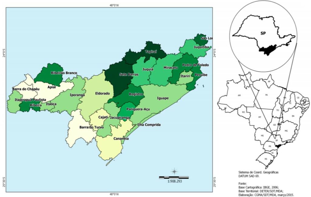 Mapa de localização do Vale do Ribeira em SP