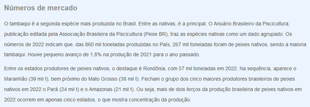 Quadro resumo dos números do mercado