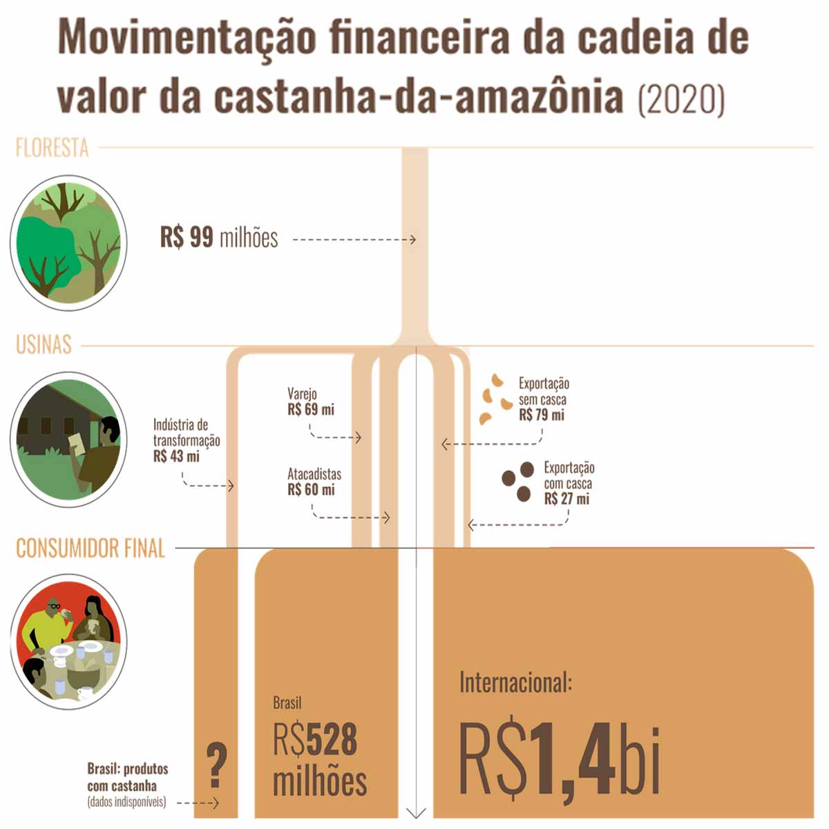 Ilustração da movimentação financeira da cadeia de valor da castanha do pará