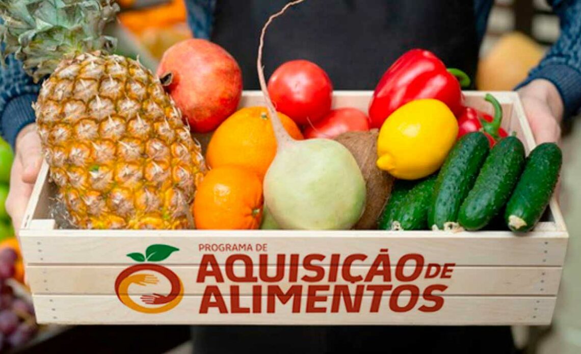 Agricultor com cesta de alimentos colhidos para o PAA