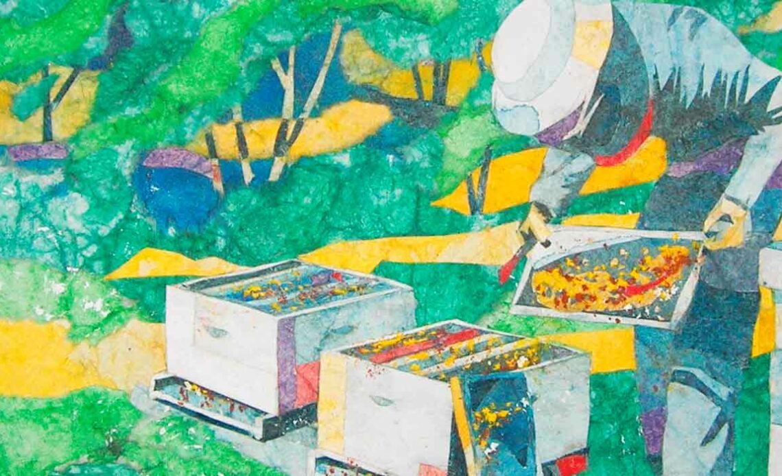 Ilustração de apicultor trabalhando no apiário