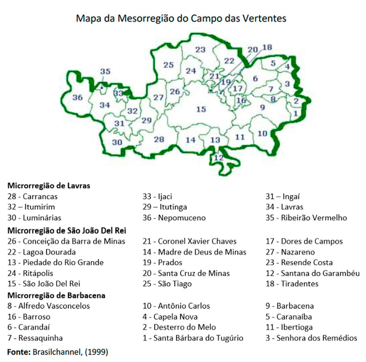 Mapa detalhando a Região do Campo das Vertentes, destacando os municípios que a compõem