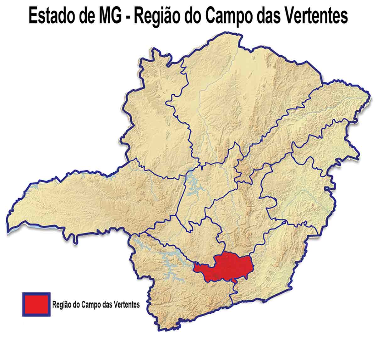Mapa de MG com destaque para a Região do Campo das Vertentes