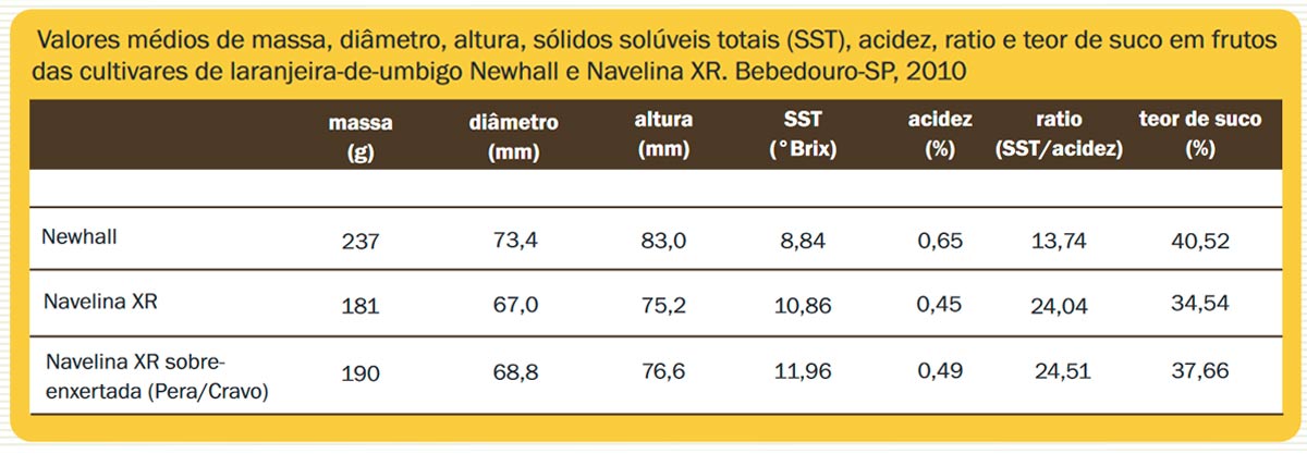 Tabela de dados da laranja Navelina XR