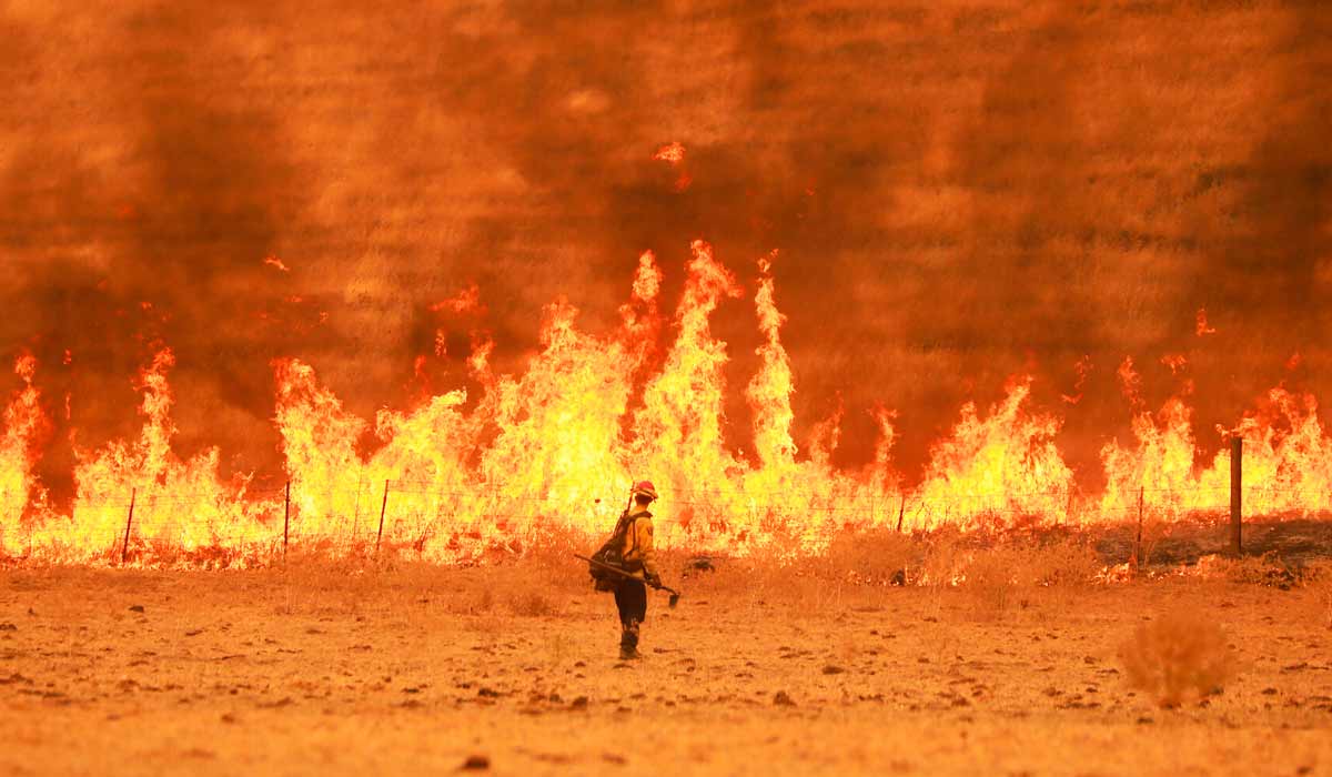 Membro da brigada de incêndio em combate a uma queimada