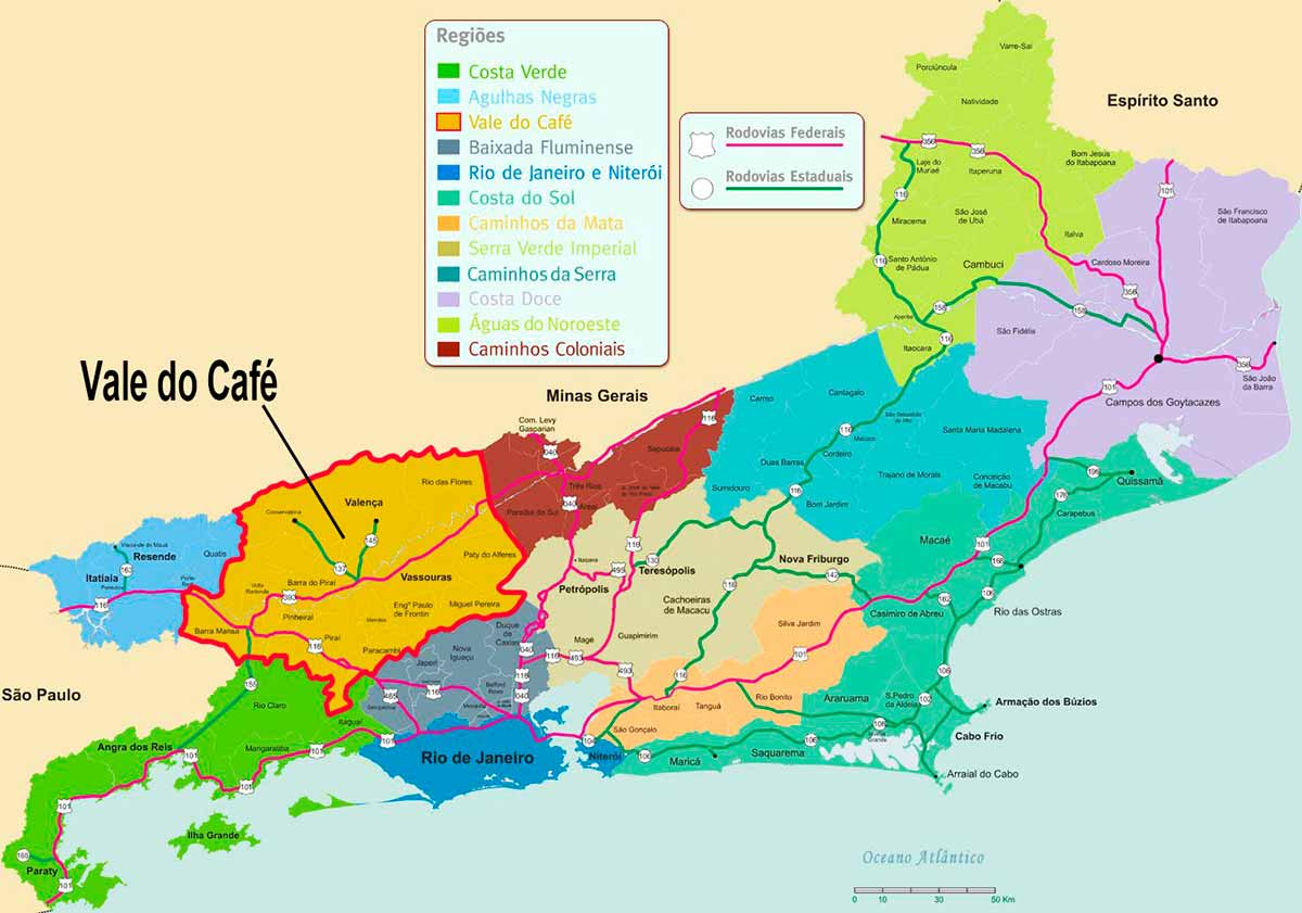 Mapa com a localização do Vale do Café no estado do RJ