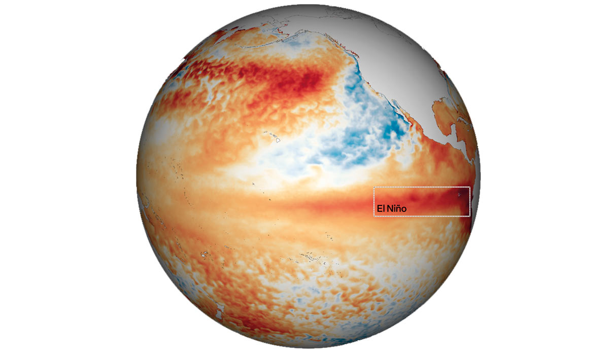 Imagem de satélite mostra aquecimento anormal das águas do Pacífico Tropical, em junho deste ano (trecho em vermelho no destaque) - Fonte: Fapesp-Noaa